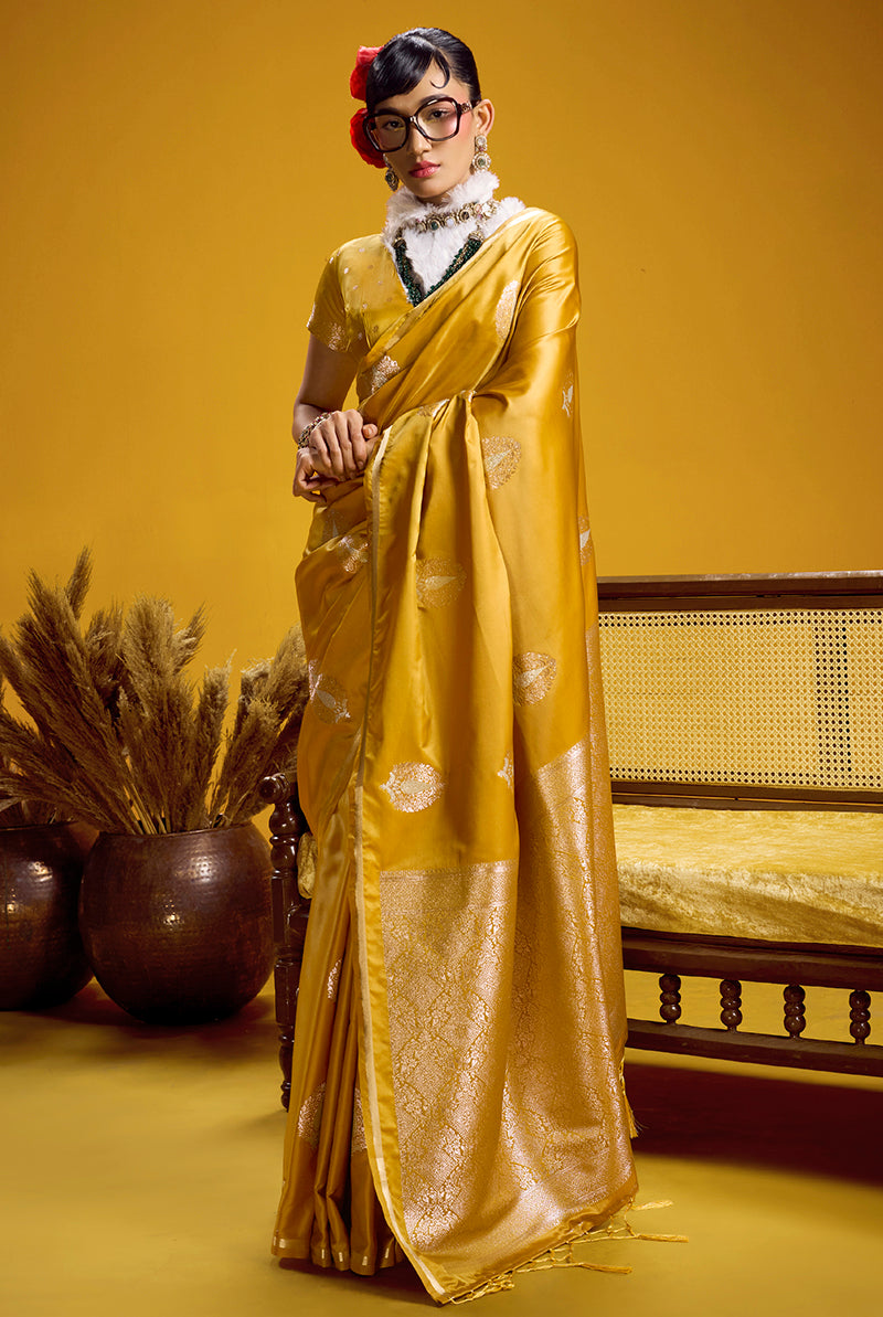 Mustard Yellow satin silk saree with gold zari woven border and butti detail