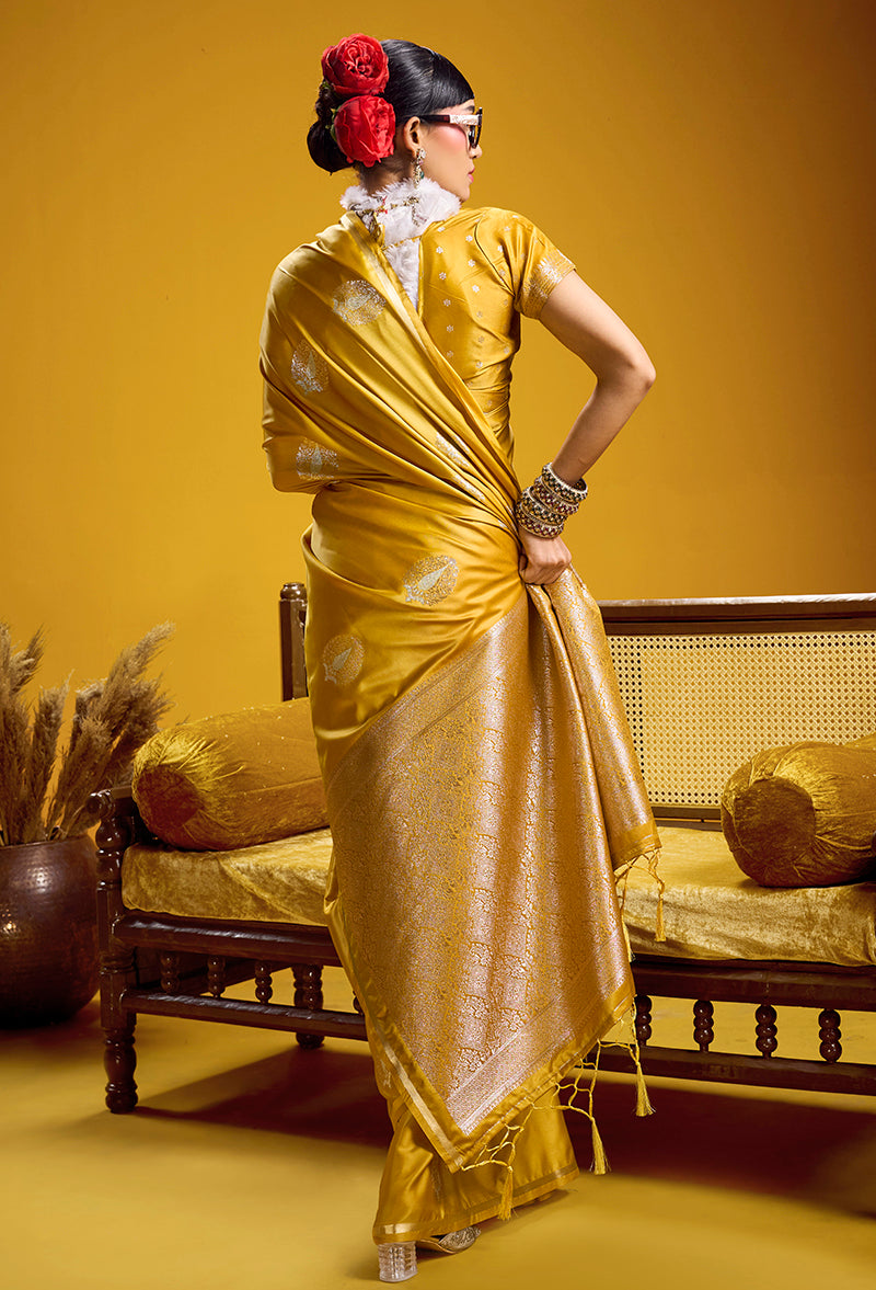 Mustard Yellow Satin Silk Handloom Saree with Zari Woven Border
