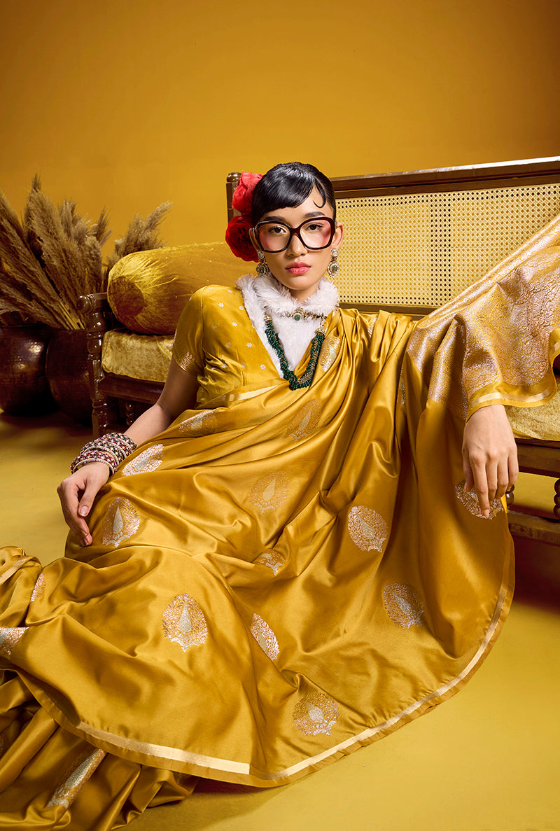 Mustard Yellow Satin Silk Handloom Saree with Zari Woven Border
