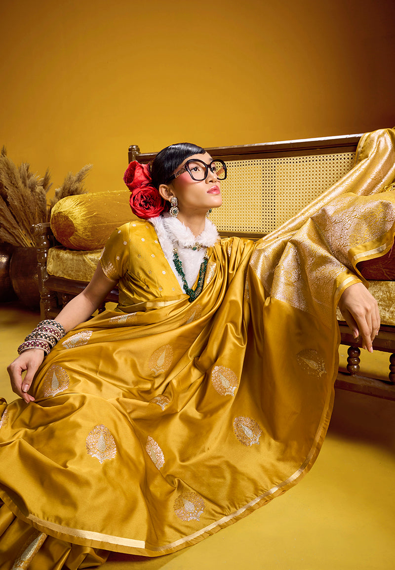 Mustard Yellow Satin Silk Handloom Saree with Zari Woven Border