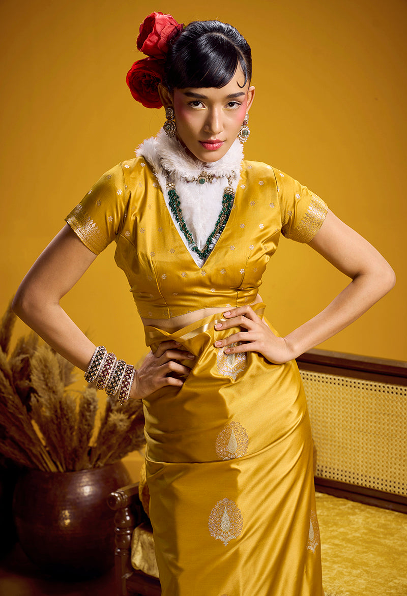 Mustard Yellow Satin Silk Handloom Saree with Zari Woven Border