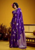 Violet satin silk handloom saree with intricate gold zari woven border and pallu