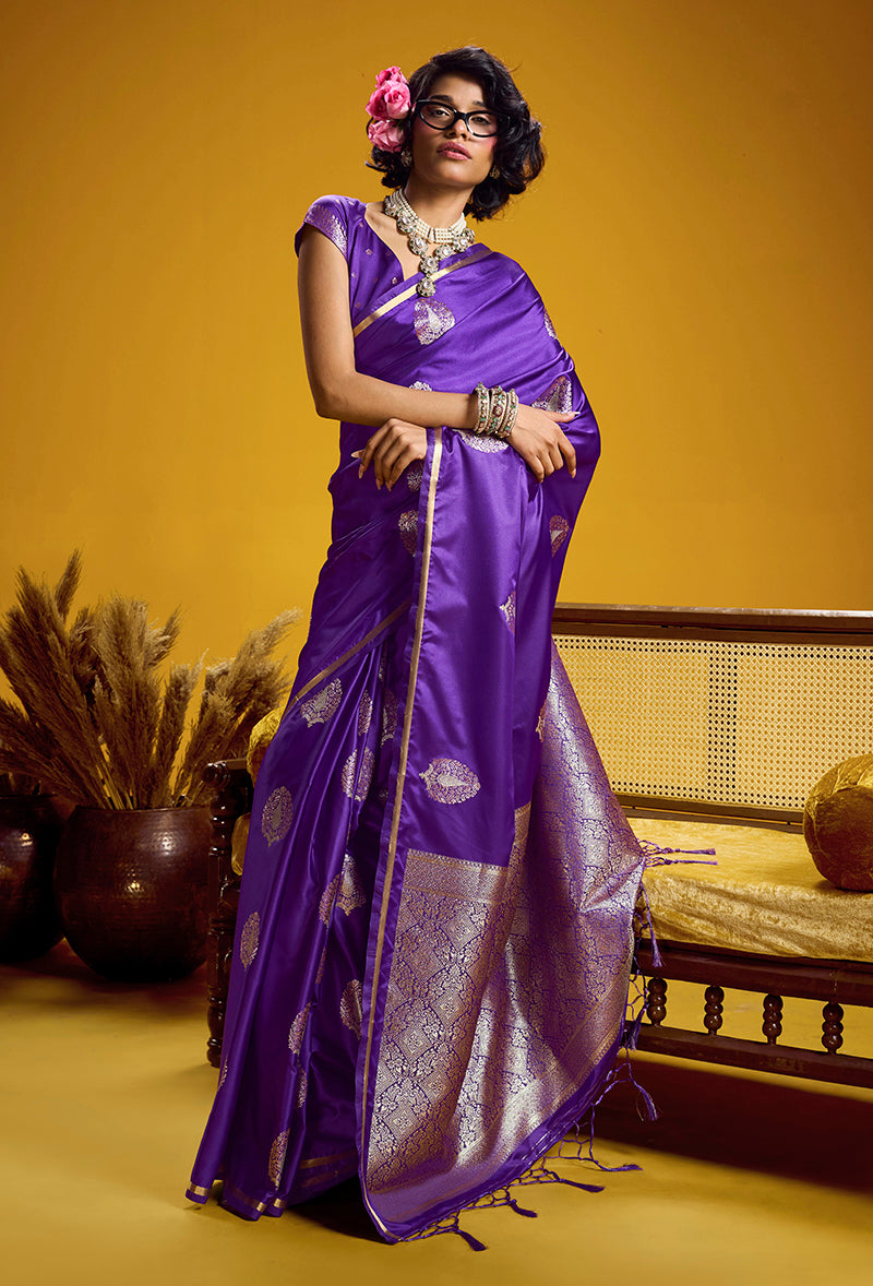 Violet Satin Silk Handloom Saree with Zari Woven Border