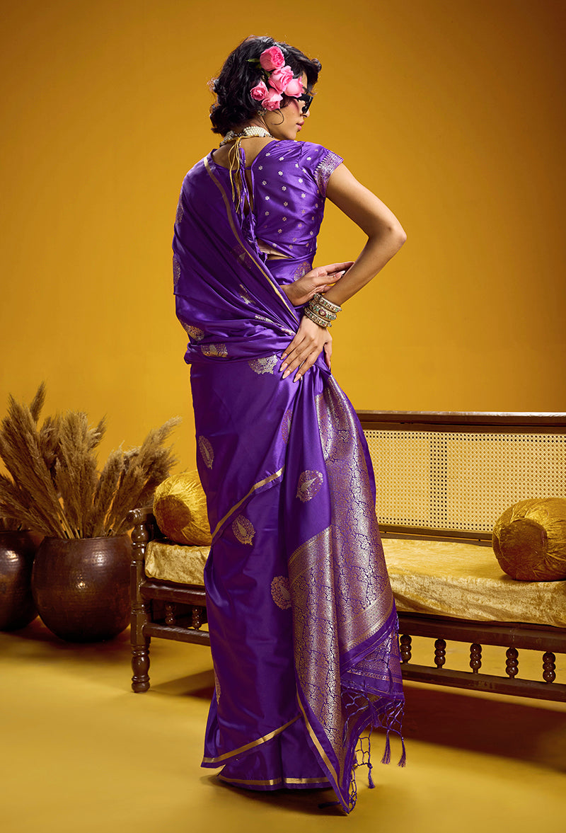 Violet Satin Silk Handloom Saree with Zari Woven Border