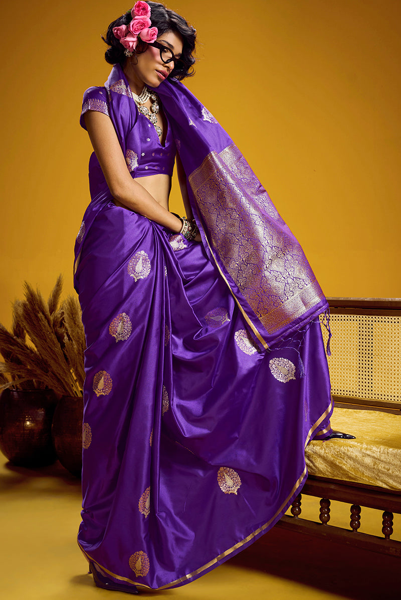 Violet Satin Silk Handloom Saree with Zari Woven Border