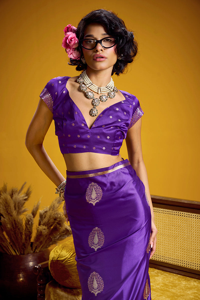 Violet Satin Silk Handloom Saree with Zari Woven Border