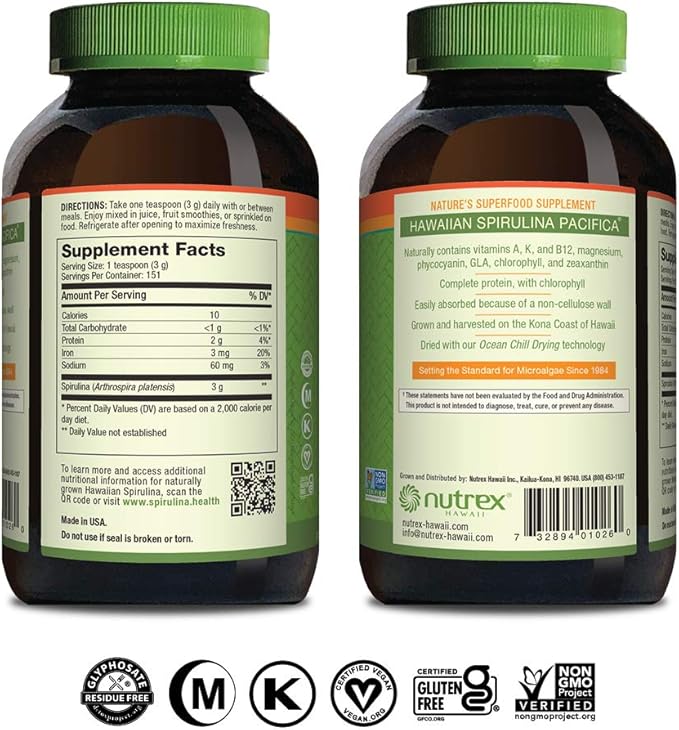 Nutrex Hawaii, Pure Hawaiian Spirulina Powder, Vegan, Supports Immune System, Heart, Cells and Energy, 16 Ounce