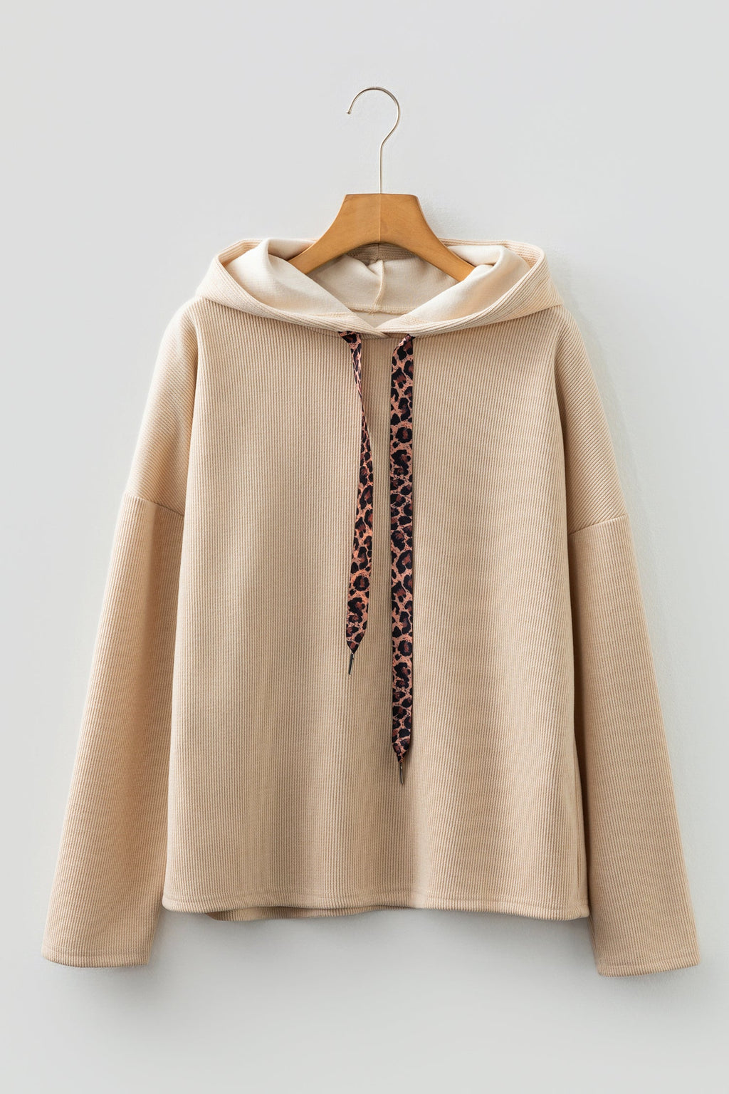 Dark Khaki Thermal Textured Leopard Drawstring Baggy Hoodie