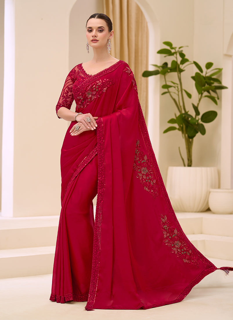 Crimson Red Faux Chiffon Satin Saree with embroidered patch border