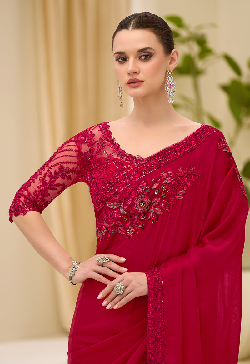 Crimson Red Faux Chiffon Satin Saree with Embroidery
