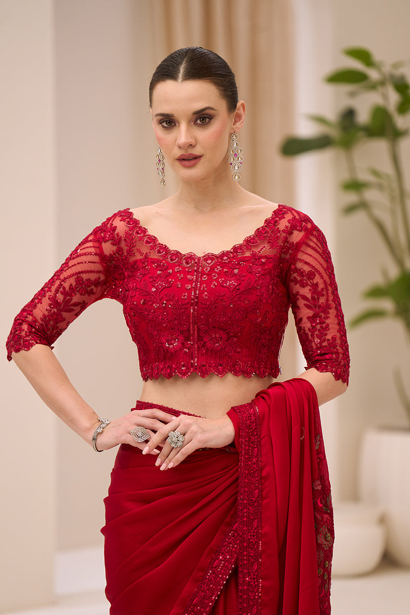 Crimson Red Faux Chiffon Satin Saree with Embroidery