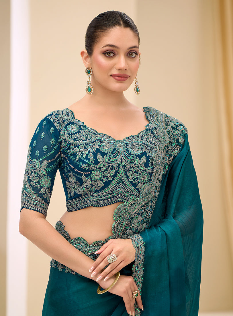 Teal Faux Chiffon Saree with Satin Border & Embroidery