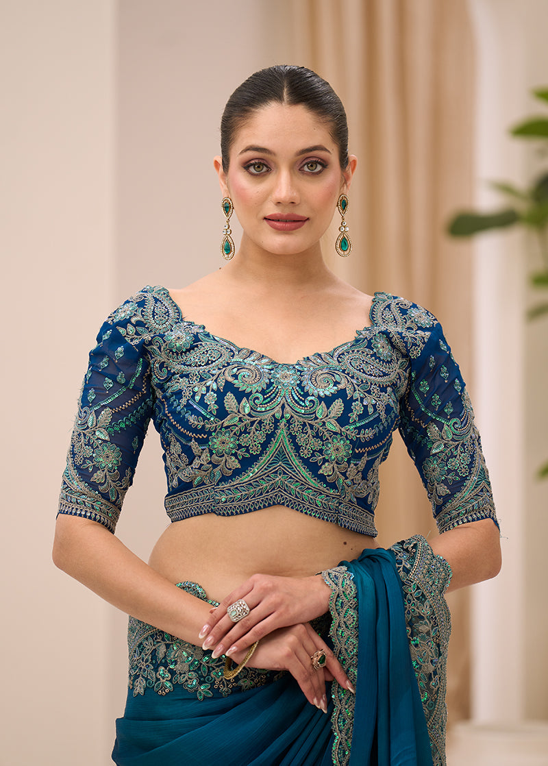 Teal Faux Chiffon Saree with Satin Border & Embroidery