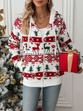 Woman wearing a white zip-up hooded jacket with festive Christmas holiday print