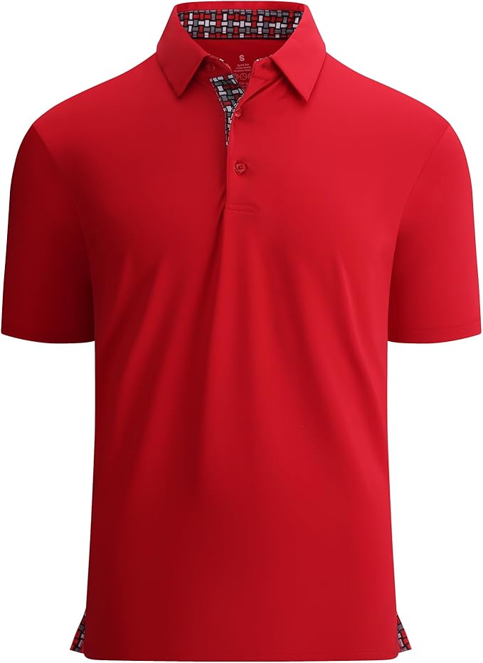Close up of a men's performance golf polo with moisture-wicking fabric and inner collar trim detail.