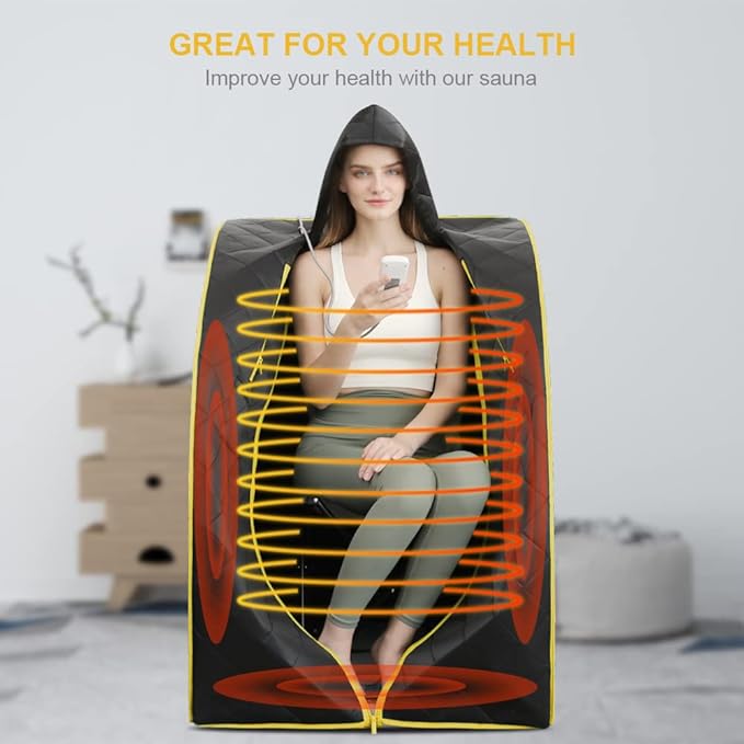 Smartmak Far Infrared Sauna with Hat, Portable Personal Full Body Home SPA Tent, Separate Heating Foot Pad and Portable Upgraded Chair-BlackGold
