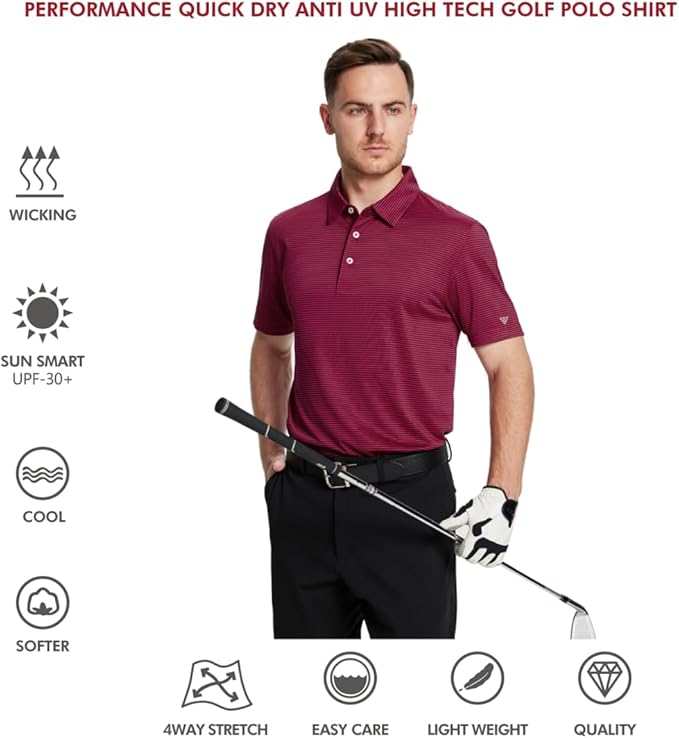 Men's Striped Performance Golf Polo Shirt - Moisture Wicking Dry Fit