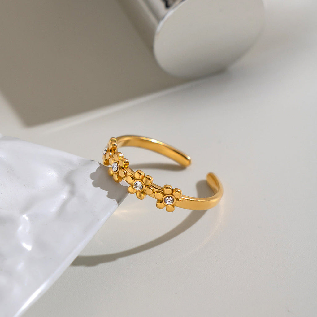 Floral Rhinestone Titanium Steel Ring For Women