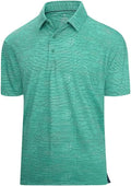 Close up of men's jacquard striped golf polo featuring breathable, moisture-wicking performance fabric.