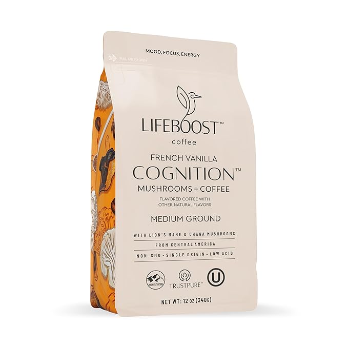 Lifeboost French Vanilla Cognition Mushroom Coffee - Low Acid Medium Organic Coffee with Nootropic Lions Mane & Chaga Mushrooms - Increase Energy, Boost Focus & Immune Support - 12 oz Bag - Ground
