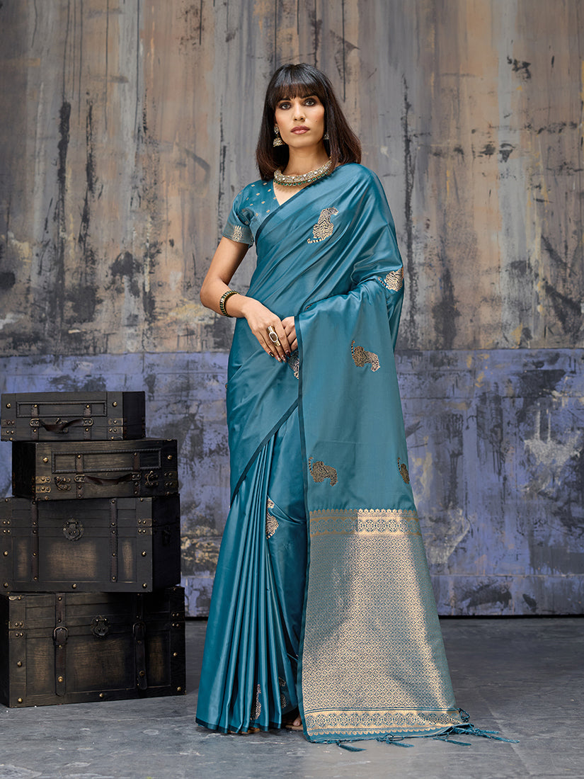 Teal blue satin silk blend saree with woven motifs and elegant golden zari border