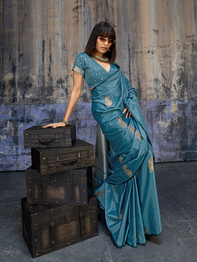 Teal Blue Satin Silk Blend Saree With Golden Zari Border
