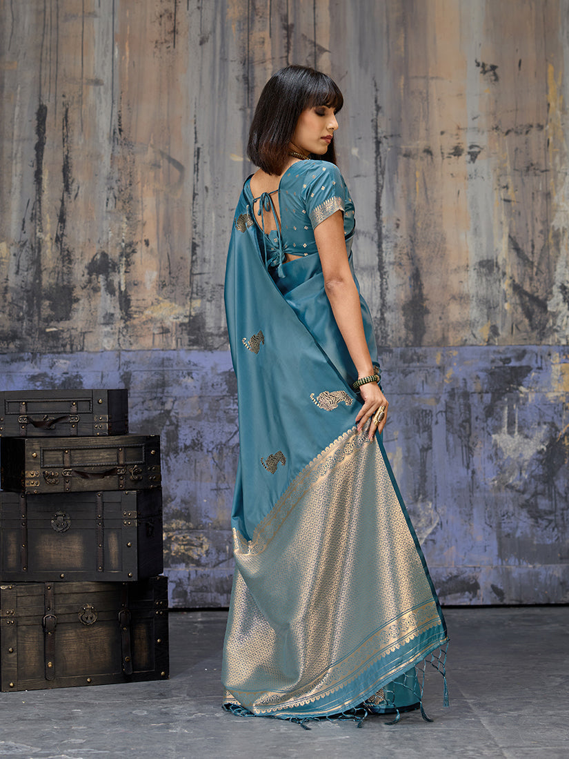Teal Blue Satin Silk Blend Saree With Golden Zari Border