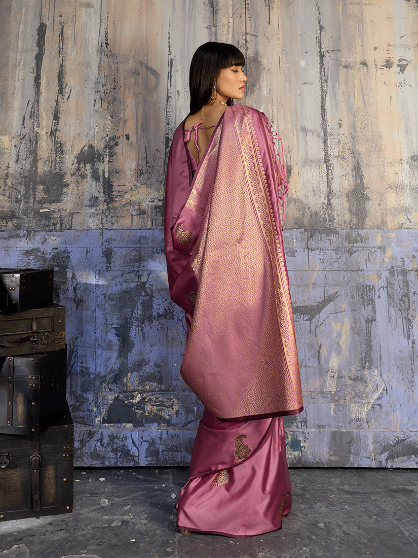 Pink Satin Weaving Silk Blend Saree with Elegant Golden Pallu