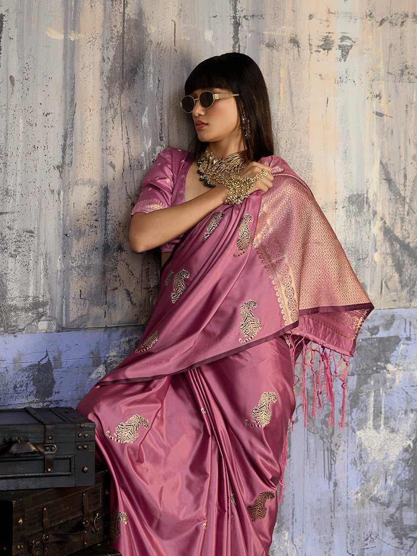 Pink Satin Weaving Silk Blend Saree with Elegant Golden Pallu