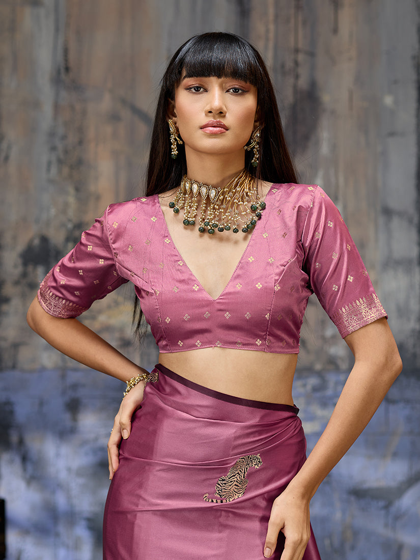 Pink Satin Weaving Silk Blend Saree with Elegant Golden Pallu