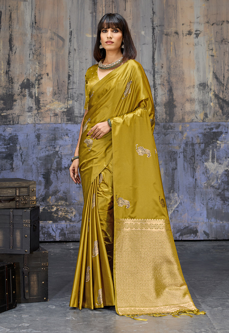 Mustard satin silk blend saree with intricate golden zari border and woven motifs