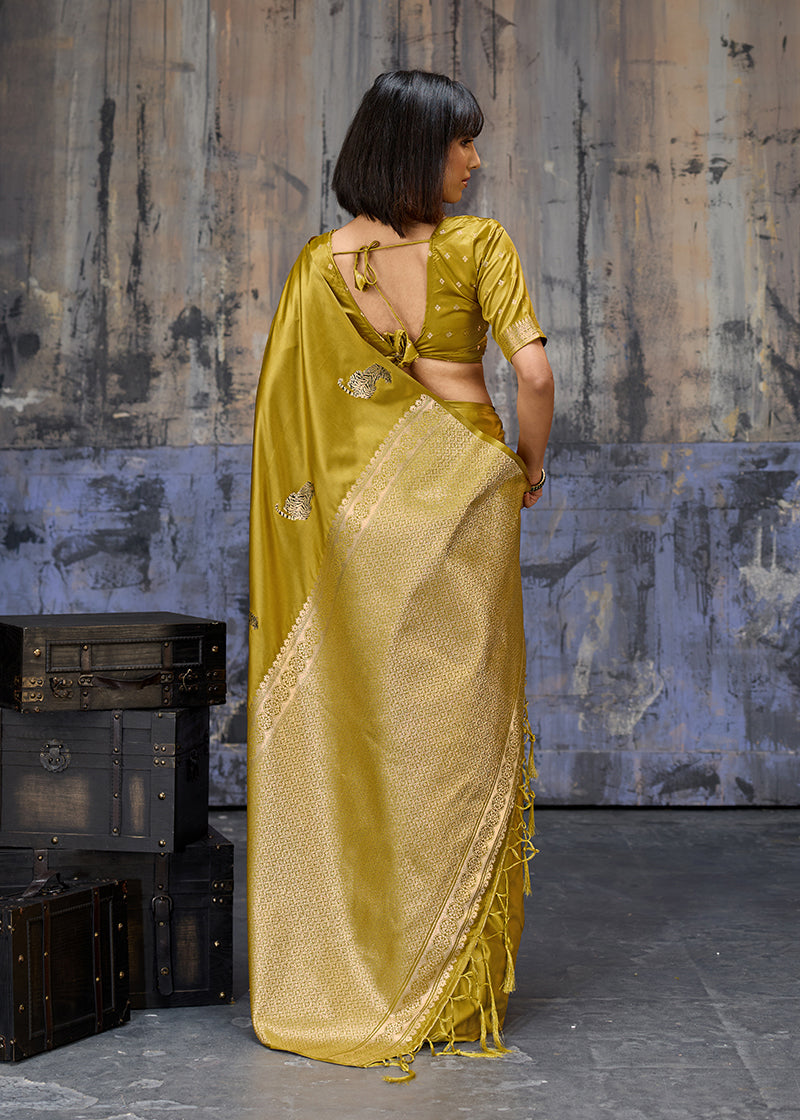 Mustard Satin Silk Blend Saree with Golden Zari Pallu