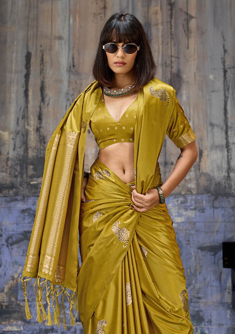 Mustard Satin Silk Blend Saree with Golden Zari Pallu