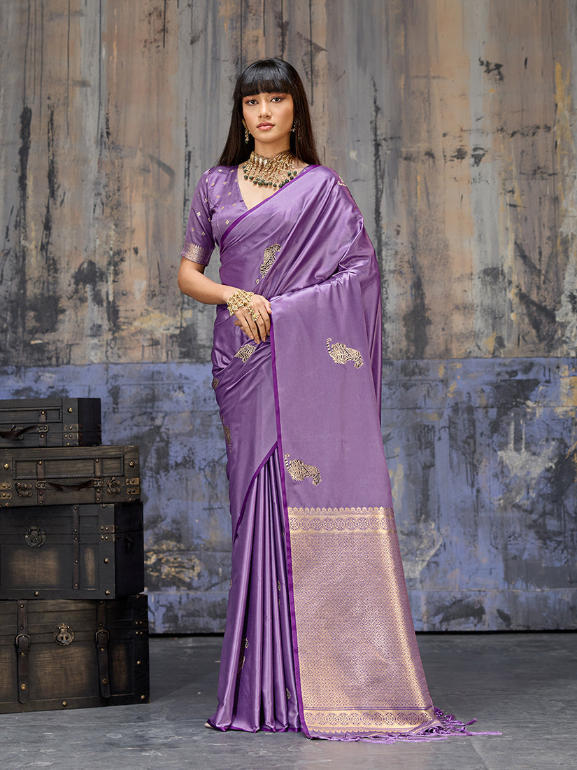 Lavender satin silk blend saree with woven motifs and golden zari pallu