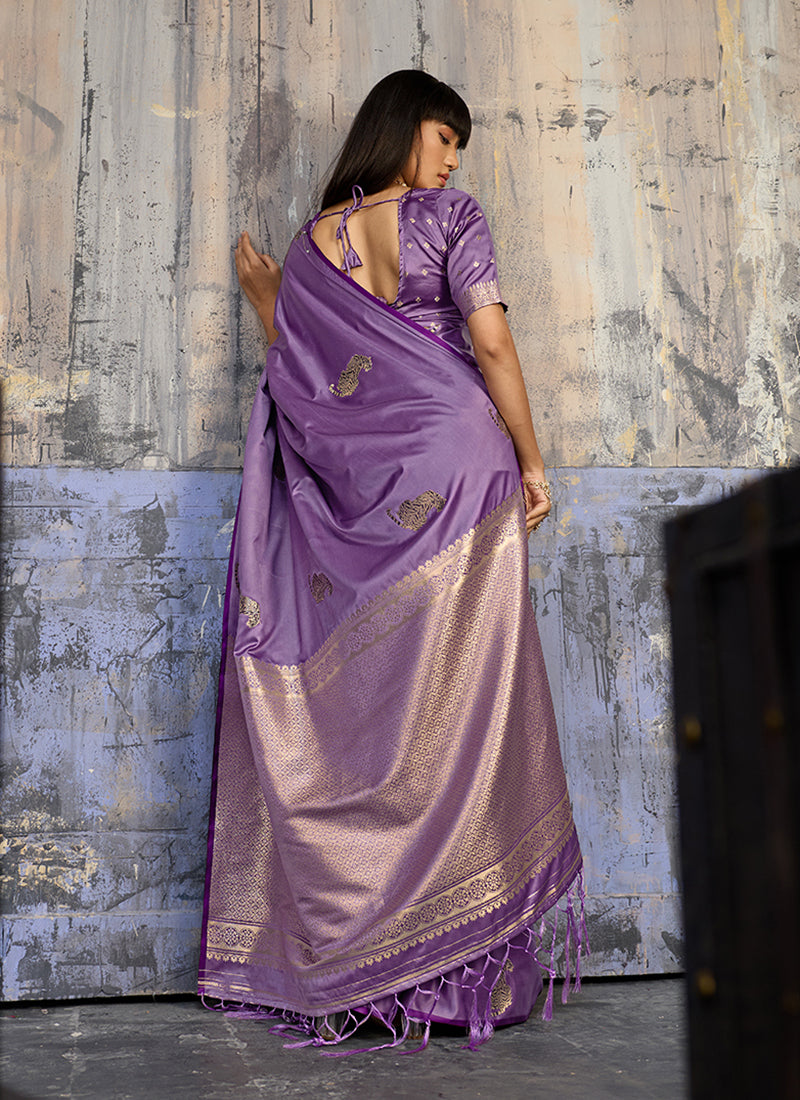 Lavender Satin Silk Blend Saree with Golden Pallu