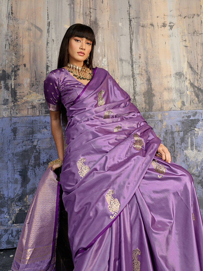 Lavender Satin Silk Blend Saree with Golden Pallu