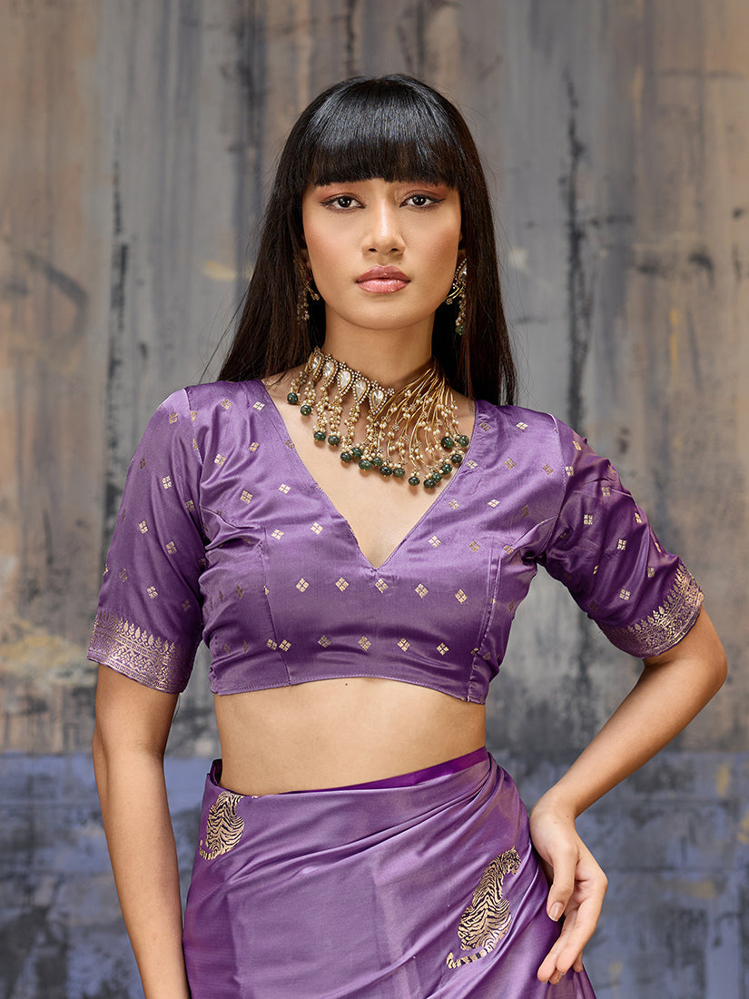 Lavender Satin Silk Blend Saree with Golden Pallu