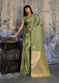 Olive green satin silk blend saree with intricate golden zari border and pallu