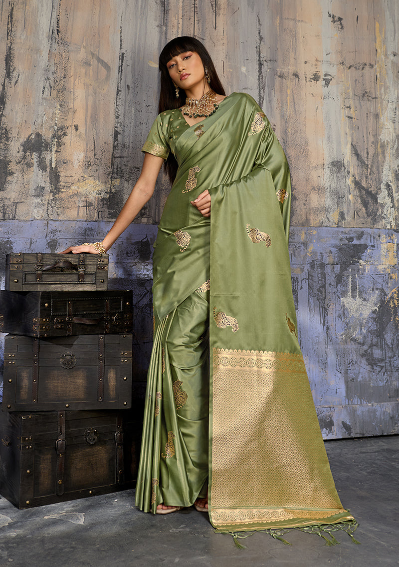 Olive green satin silk blend saree with intricate golden zari border and pallu