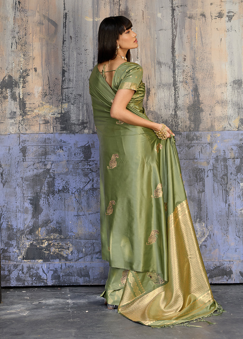 Olive Green Satin Silk Blend Saree with Golden Zari Border