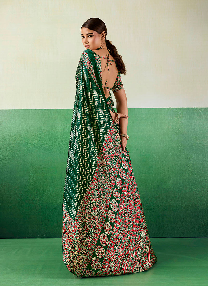Ajrakh Printed Green Faux Satin Saree with Matching Blouse