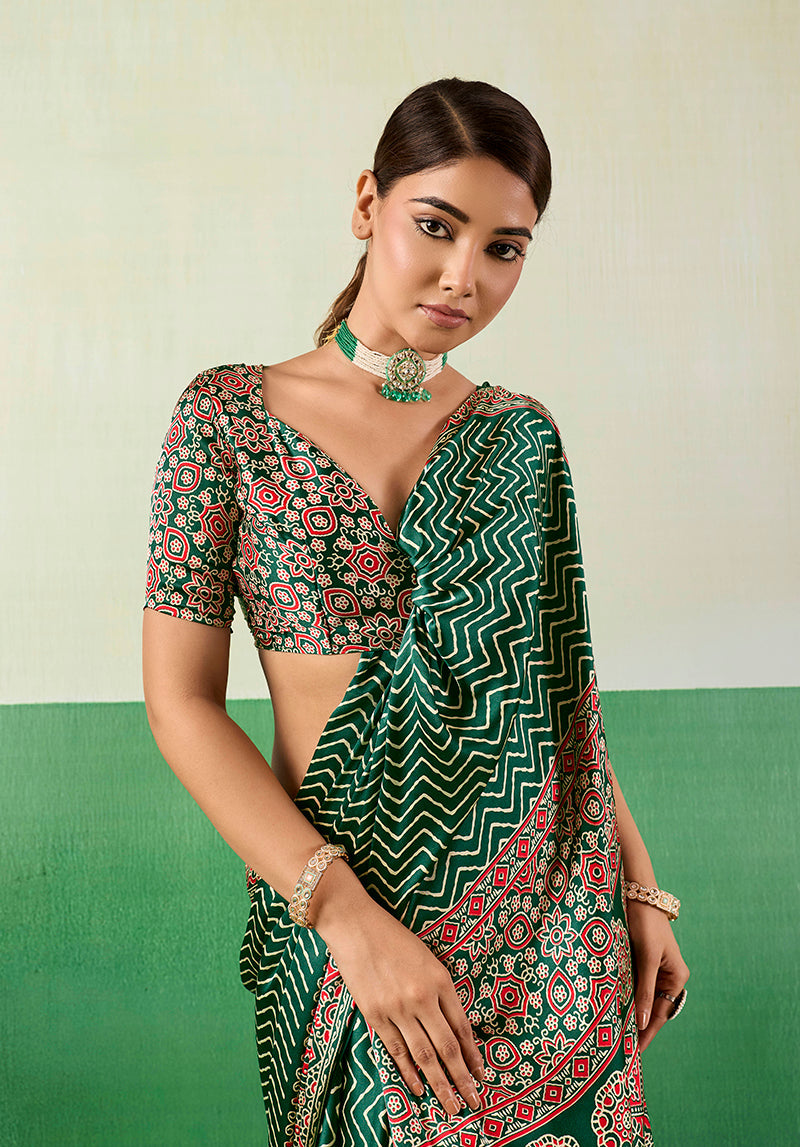 Ajrakh Printed Green Faux Satin Saree with Matching Blouse