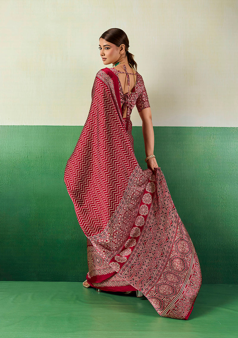 Maroon Ajrakh Printed Faux Satin Saree with Ethnic Patterns