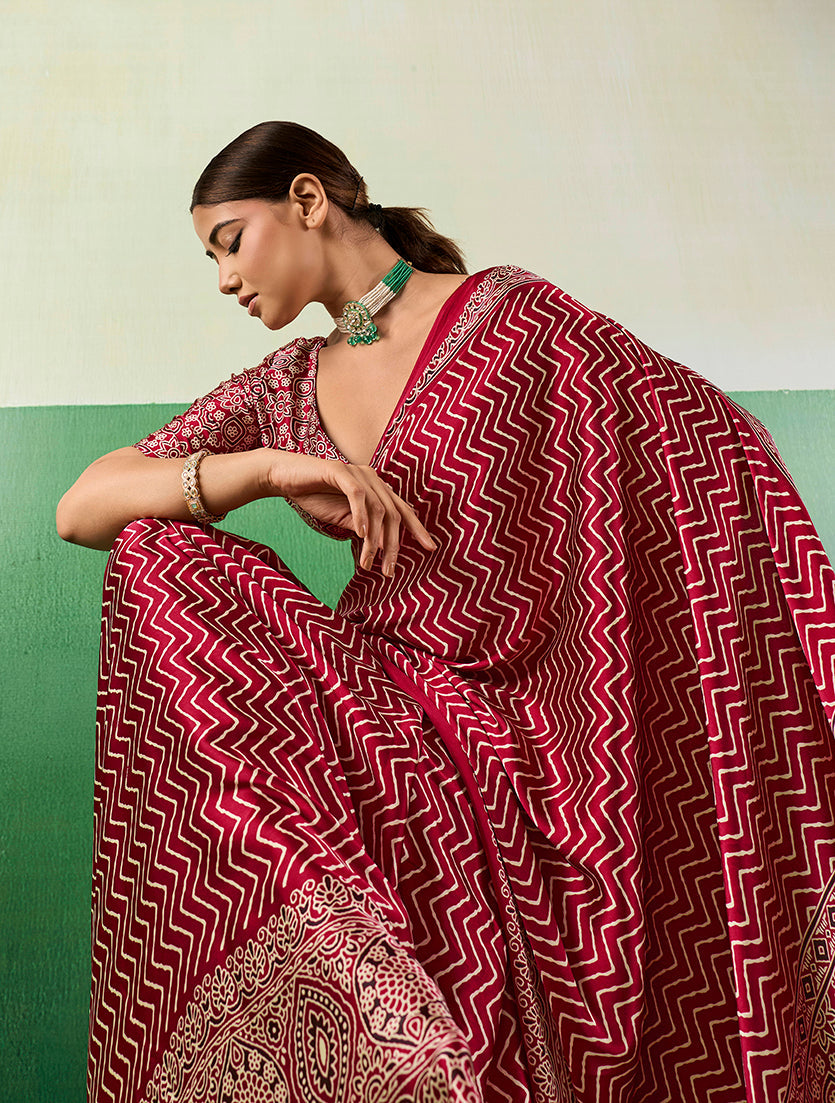 Maroon Ajrakh Printed Faux Satin Saree with Ethnic Patterns