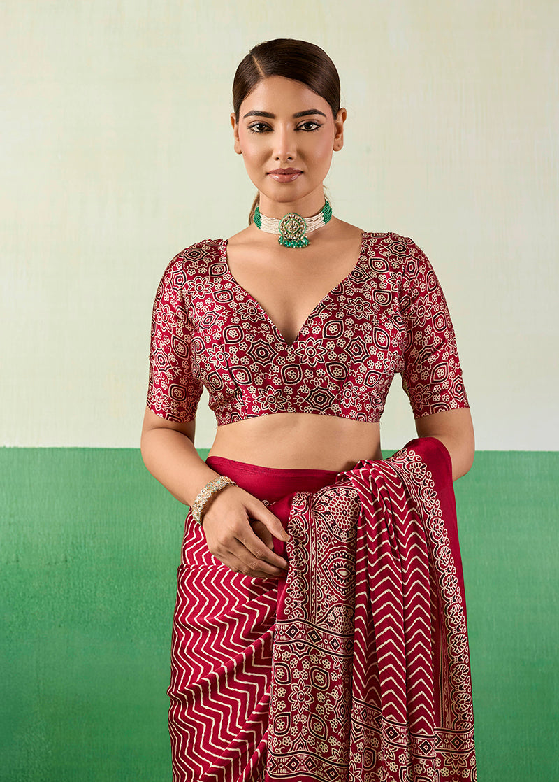 Maroon Ajrakh Printed Faux Satin Saree with Ethnic Patterns
