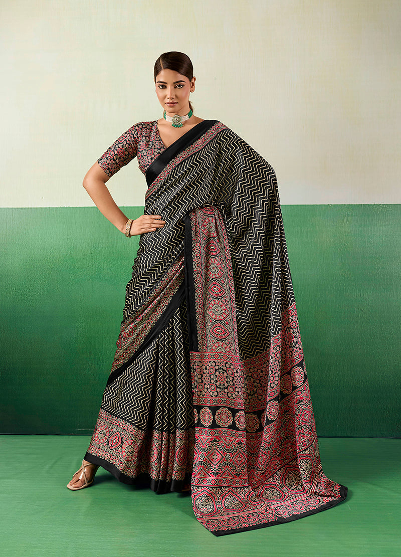 Black faux satin saree with intricate Ajrakh-inspired prints