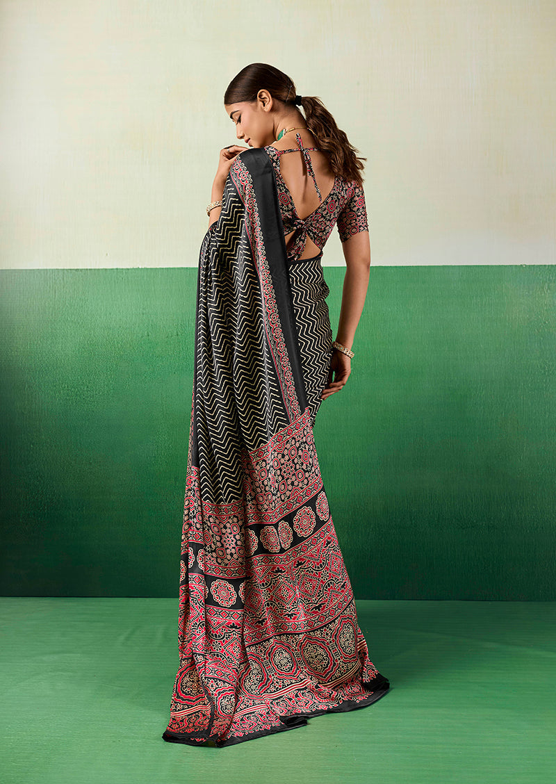 Black Ajrakh Printed Faux Satin Saree for Sophisticated Style