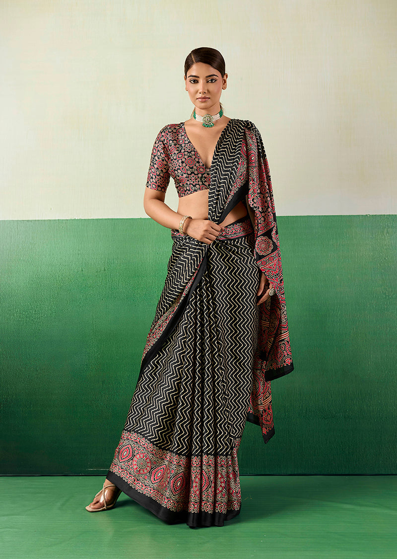 Black Ajrakh Printed Faux Satin Saree for Sophisticated Style