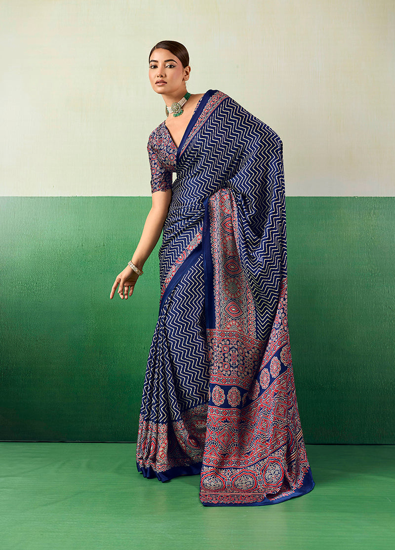 Navy blue Ajrakh print faux satin saree with elegant drape