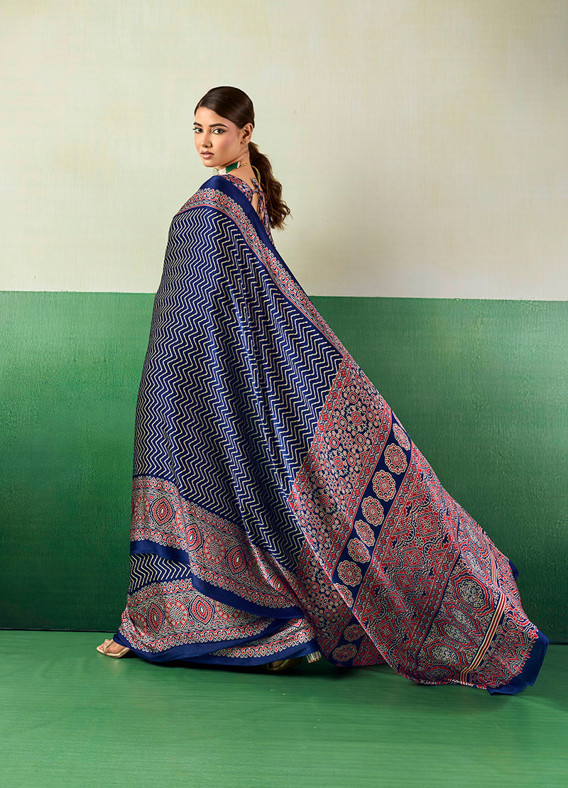 Elegant Navy Blue Ajrakh Inspired Faux Satin Printed Saree